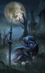 Size: 1548x2500 | Tagged: safe, artist:jedayskayvoker, derpibooru import, oc, oc:luna farrowe, unofficial characters only, pony, batpony costume, bloodborne, commission, crossover, double bladed sword, female, full moon, glasses, high res, house, mare, moon, outdoors, solo, sword, vampire hunter, video game crossover, weapon