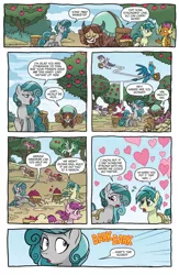 Size: 994x1528 | Tagged: safe, artist:tonyfleecs, derpibooru import, idw, gallus, sandbar, smolder, swift foot, yona, dragon, earth pony, gryphon, pony, yak, spoiler:comic, spoiler:comicfeatsoffriendship02, apple, apple basket, bow, cart, cloven hooves, colored hooves, dragoness, female, floating heart, flying, food, hair bow, heart, heart eyes, hoof hold, jewelry, male, mare, monkey swings, necklace, preview, teenager, wingding eyes