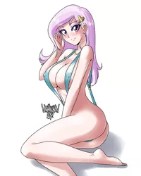 Size: 2000x2500 | Tagged: suggestive, artist:danmakuman, derpibooru import, fleur-de-lis, human, equestria girls, ass, barefoot, big breasts, bikini, breasts, busty fleur-de-lis, butt, clothes, digital art, erect nipples, feet, female, fleur-de-rriere, high res, humanized, legs, miss fleur is trying to seduce us, nipple outline, sexy, simple background, sling bikini, smiling, solo, solo female, stupid sexy fleur-de-lis, swimsuit, thighs, thong swimsuit