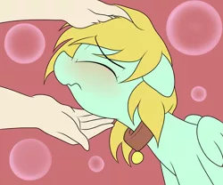 Size: 1200x1000 | Tagged: safe, artist:datte-before-dawn, derpibooru import, oc, oc:balmy breeze, human, pegasus, pony, abstract background, blue coat, blushing, bubble, chin scratch, collar, eyes closed, hand, hands on head, human on pony petting, offscreen character, pet, pet play, petting, pony pet, yellow mane