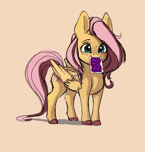 Size: 2899x3039 | Tagged: safe, artist:miokomata, derpibooru import, fluttershy, pegasus, pony, blushing, cute, female, food, freckles, mare, mouth hold, poptart, shyabetes, simple background, smiling, solo, weapons-grade cute