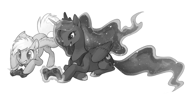 Size: 1575x789 | Tagged: safe, artist:mewitti, derpibooru import, princess luna, oc, oc:winter storm, alicorn, pegasus, pony, gamer luna, crown, duo, female, grayscale, jewelry, levitation, magic, mare, monochrome, peytral, playing, prone, regalia, simple background, telekinesis, video game, white background