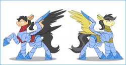 Size: 1896x984 | Tagged: safe, artist:selective-yellow, derpibooru import, oc, oc:iryerris, oc:playbitz, pegasus, pony, armor, pegasus wings, wing armor, wings