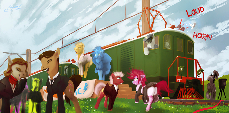 Size: 2874x1420 | Tagged: safe, artist:mechagen, derpibooru import, ponified, pony, nikola tesla, train