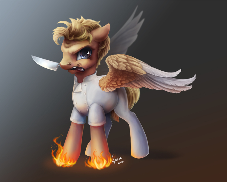 Size: 1500x1200 | Tagged: safe, artist:paintedhoofprints, derpibooru import, gourmand ramsay, ponified, pegasus, pony, fire, gordon ramsay, kitchen knife, knife, male, mouth hold, stallion