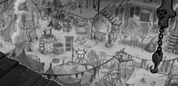 Size: 1920x928 | Tagged: artist:luke buxton, axe, brazier, concept art, derpibooru import, fish, grayscale, klugetown, market, monochrome, my little pony: the movie, no pony, pennant, propeller, rug, safe, sign, staff, stall, sword, the art of my little pony: the movie, weapon, well