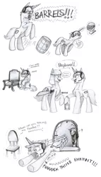 Size: 900x1575 | Tagged: safe, artist:crystalgem523, banned from derpibooru, deleted from derpibooru, derpibooru import, ponified, pony, amnesia, amnesia the dark descent, angry, armor, barrel, chair, chair mode, headphones, headset, i dont trust you, image, jpeg, monochrome, mr. chair, pewdiepie, scared, sketch, sketch dump, stephano, traditional art, untrusted statue, vulgar, window