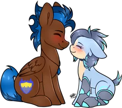 Size: 2805x2475 | Tagged: safe, artist:grapegrass, derpibooru import, oc, oc:ash wing, oc:nimble wing, unofficial characters only, earth pony, pegasus, pony, amputee, blushing, cute, eyes closed, female, jewelry, male, mare, mechanical legs, necklace, prosthetic leg, prosthetic limb, prosthetics, shipping, stallion