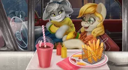 Size: 3487x1927 | Tagged: safe, artist:amishy, derpibooru import, oc, oc:bandy cyoot, oc:jerry alton, earth pony, hybrid, pony, raccoon, raccoon pony, basket, burger, car, car hop tray, clothes, coca-cola, date, diner, door, door handle, ear fluff, eyelashes, food, ford, ford galaxie, french fries, ginger hair, glasses, golden eyes, green eyes, hairband, hamburger, hamburger bun, ketchup, lettuce, mustard, napkin, pants, plaid, plate, ponytail, rain, raised eyebrow, saddle oxfords, sauce, seat, shoes, skirt, smiling, sock hop, steering wheel, straw, striped hair, surprised, sweater, tail, teeth, tomato, window