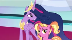 Size: 1920x1080 | Tagged: safe, derpibooru import, screencap, luster dawn, princess twilight 2.0, twilight sparkle, twilight sparkle (alicorn), alicorn, pony, unicorn, the last problem, confused, crown, duo, ethereal mane, female, folded wings, happy, jewelry, mare, older, older twilight, peytral, regalia, smiling, teacher and student, throne room, wings