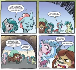 Size: 714x664 | Tagged: safe, artist:tonyfleecs, derpibooru import, idw, ocellus, sandbar, silverstream, swift foot, yona, changedling, changeling, classical hippogriff, earth pony, hippogriff, pony, yak, spoiler:comic, spoiler:comicfeatsoffriendship02, angry, argument, bickering, claws, cloven hooves, evil planning in progress, facade, female, horns, manipulation, mare, monkey swings, shocked, talons, teenager, young mare