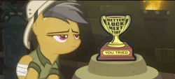 Size: 1480x670 | Tagged: safe, derpibooru import, edit, edited screencap, screencap, daring do, pegasus, pony, read it and weep, bandage, female, hat, mare, pith helmet, solo, trophy, unamused, you tried