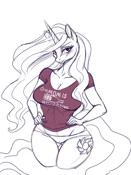 Size: 1200x1600 | Tagged: alicorn, anthro, artist:noupie, breasts, busty princess celestia, cameltoe, cleavage, clothes, derpibooru import, female, hands on hip, milf, momlestia, panties, princess celestia, questionable, shirt, simple background, solo, solo female, stupid sexy celestia, underwear, white background, wine mom