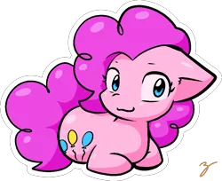 Size: 882x719 | Tagged: safe, artist:zutcha, derpibooru import, pinkie pie, earth pony, pony, cute, diapinkes, female, mare, ponyloaf, prone, signature, simple background, solo, transparent background