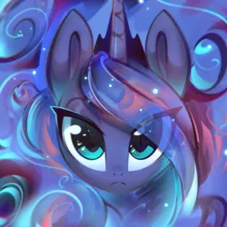 Size: 2001x2001 | Tagged: safe, artist:mirroredsea, derpibooru import, princess luna, alicorn, pony, bust, cute, ethereal mane, eye clipping through hair, female, floating head, frown, looking at you, lunabetes, mare, portrait, solo