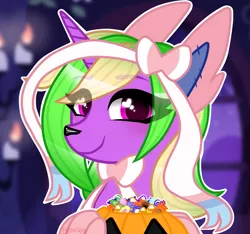 Size: 1395x1307 | Tagged: safe, artist:betavirus, derpibooru import, oc, oc:sparkly breeze, unofficial characters only, pony, sylveon, unicorn, bow, candy, clothes, costume, dog nose, ears, female, food, halloween, halloween costume, holiday, mare, nightmare night, paws, pokémon, pumpkin, pumpkin bucket, ribbon