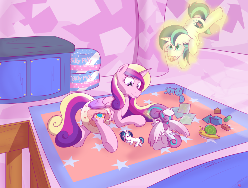 Size: 1689x1280 | Tagged: animal, artist:zalakir, changing table, crib, cubes, derpibooru import, diaper, diaper fetish, diaper package, fetish, levitation, magic, pacifier, playmat, plushie, poofy diaper, princess cadance, princess flurry heart, questionable, rabbit, shining armor, silly filly diaper, smiling, telekinesis, wet diaper, whammy