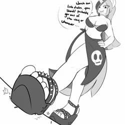 Size: 1638x1638 | Tagged: suggestive, artist:mrrowboat, derpibooru import, oc, oc:golden age, unofficial characters only, anthro, plantigrade anthro, pony, unicorn, breasts, female, giant anthro, giantess, macro, micro, monochrome, platform heels, sandals