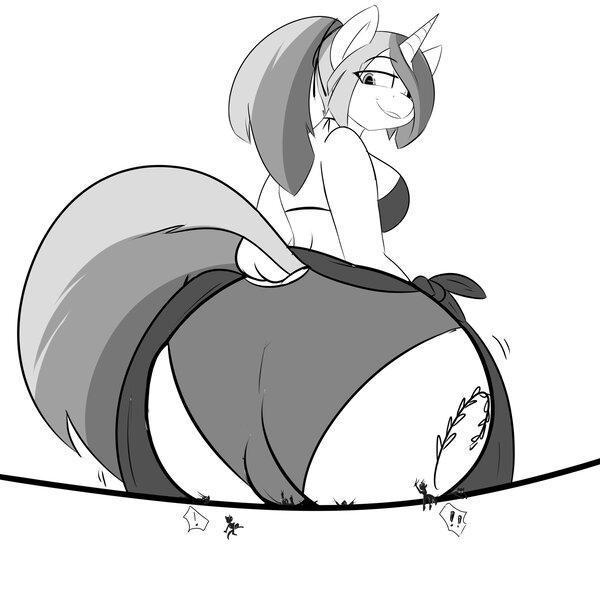 Size: 2048x2048 | Tagged: suggestive, artist:mrrowboat, derpibooru import, oc, oc:golden age, unofficial characters only, anthro, unicorn, breasts, butt, butt crush, cameltoe, dock, female, giant anthro, giantess, macro, micro, monochrome