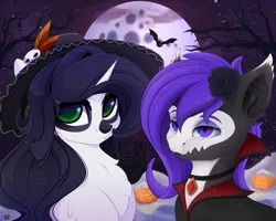 Size: 5000x4000 | Tagged: safe, artist:batsdisaster, artist:xsatanielx, derpibooru import, oc, oc:batsdisaster, oc:reinina hazard, unofficial characters only, bat, bat pony, bird, owl, pony, unicorn, vampire, vampony, amulet, apathy, choker, cloak, clothes, dia de los muertos, fangs, female, femboy, flower, full moon, green eyes, halloween, hat, holiday, jewelry, male, mare, monster mare, moon, night, pumpkin, purple eyes, rose, snow, trap, wood