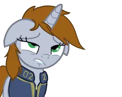 Size: 7550x5981 | Tagged: safe, artist:simplesample, derpibooru import, oc, oc:littlepip, unofficial characters only, pony, unicorn, fallout equestria, fanfic, clothes, eyeroll, fanfic art, female, floppy ears, horn, lip bite, mare, out of context, reaction image, simple background, solo, transparent background, unf, vault suit