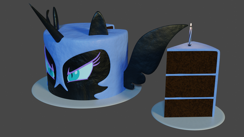 Size: 1920x1080 | Tagged: safe, artist:dracagon, derpibooru import, nightmare moon, pony, 3d, cake, food