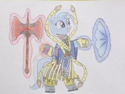 Size: 1032x774 | Tagged: safe, artist:don2602, derpibooru import, trixie, pony, axe, azwel, shield, solo, soulcalibur, traditional art, weapon