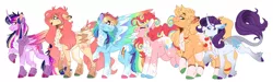 Size: 2600x780 | Tagged: safe, artist:wanderingpegasus, derpibooru import, applejack, fluttershy, pinkie pie, rainbow dash, rarity, twilight sparkle, twilight sparkle (alicorn), alicorn, earth pony, pegasus, pony, unicorn, alternate design, chest fluff, coat markings, colored hooves, ear fluff, female, fluffy, image, leonine tail, mane six, mare, pale belly, png, redesign, smiling, twitterina design, unshorn fetlocks