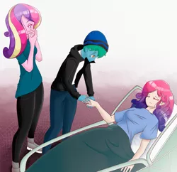 Size: 1581x1529 | Tagged: safe, artist:kamushek228, derpibooru import, idw, princess amore, princess cadance, oc, oc:azure glide, equestria girls, bed, brother and sister, clothes, commission, context in description, crying, dean cadance, death, equestria girls-ified, family, female, grieving, holding hands, hoodie, hospital bed, hospital gown, idw showified, jeans, male, mother and child, mother and daughter, mother and son, pants, sad, shirt, shoes, siblings, teen princess cadance, tragedy