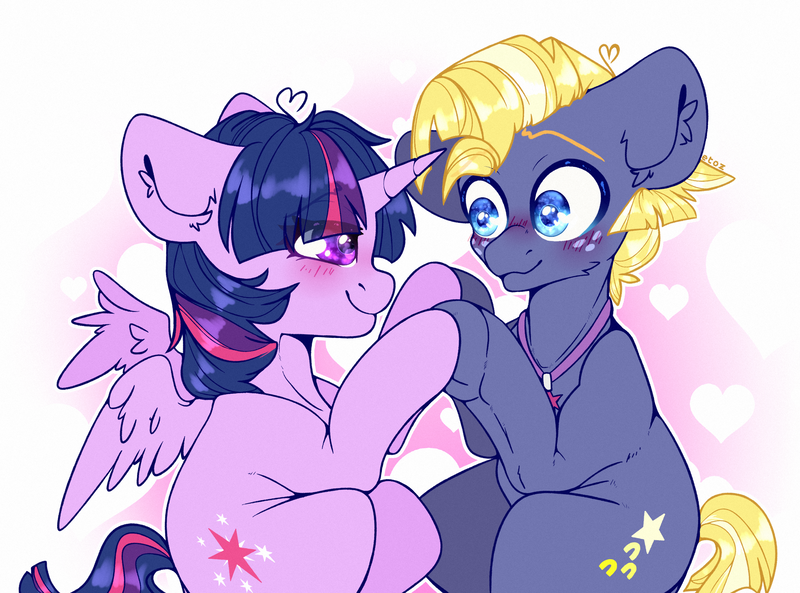Size: 2700x2000 | Tagged: safe, artist:etoz, derpibooru import, star tracker, twilight sparkle, twilight sparkle (alicorn), alicorn, earth pony, pony, blushing, cheek fluff, cute, ear fluff, eye clipping through hair, female, freckles, gradient background, happy, heart, high res, horn, male, request, requested art, shipping, smiling, stallion, straight, trackerbetes, twiabetes, twitracker, wingding eyes, wings