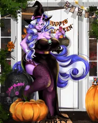 Size: 1500x1875 | Tagged: suggestive, artist:mdwines, derpibooru import, oc, oc:ripy, anthro, unicorn, big breasts, blonde, blonde hair, breasts, clothes, commission, condom, costume, female, glasses, halloween, halloween costume, hat, holiday, huge breasts, milf, pumpkin, socks, solo, stockings, thick, thigh highs, witch, witch hat, ych example, ych result, your character here