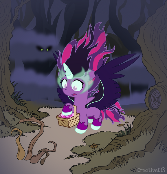 Size: 2084x2168 | Tagged: dead source, safe, artist:creativeli3, derpibooru import, sci-twi, twilight sparkle, ponified, pony, equestria girls, basket, equestria girls ponified, female, filly, fog, hoof hold, little red riding hood, midnight sparkle, picnic basket, solo
