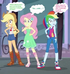 Size: 568x601 | Tagged: safe, derpibooru import, edit, edited screencap, editor:thomasfan45, screencap, applejack, fluttershy, rainbow dash, equestria girls, equestria girls series, street chic, spoiler:eqg series (season 2), 1000 hours in ms paint, applejack's hat, bare arms, bare shoulders, barrette, boots, clothes, cowboy hat, cropped, cute, dress, forced smile, frozen, geode of fauna, geode of super speed, geode of super strength, hat, hypno eyes, hypnosis, hypnotized, implied rarity, magical geodes, mannequin, ponytail, sexy, shoes, shorts, sneakers, story included, tanktop, thought bubble