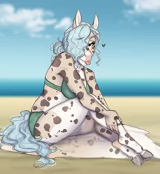 Size: 1623x1773 | Tagged: safe, artist:askbubblelee, derpibooru import, oc, oc:opal ocean, unofficial characters only, anthro, unguligrade anthro, anthro oc, bikini, clothes, coat markings, hair over one eye, heart, pale belly, ponytail, selkie, sitting, smiling, solo, spots, swimsuit, thick, tongue out, wavy mane