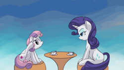 Size: 560x315 | Tagged: safe, artist:hananpacha, derpibooru import, rarity, sweetie belle, pony, unicorn, animated, behaving like a dog, cup, cute, diasweetes, female, food, frame by frame, gif, horses doing horse things, loop, rarity is not amused, scratching, siblings, sisters, sitting, table, tea, unamused, uncouth