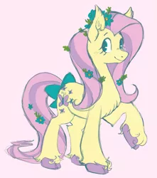 Size: 1039x1175 | Tagged: safe, artist:trinoids, derpibooru import, fluttershy, earth pony, pony, alternate design, blushing, bow, chest fluff, cloven hooves, cute, ear fluff, earth pony fluttershy, female, flower, flower in hair, flower in tail, looking at you, looking sideways, mare, no pupils, pink background, raised hoof, shyabetes, simple background, smiling, solo, standing, tail bow, three quarter view, unshorn fetlocks, white background, wingless