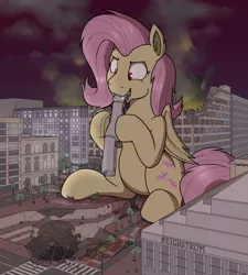 Size: 2119x2356 | Tagged: safe, artist:rapidstrike, derpibooru import, part of a set, fluttershy, bat pony, human, pony, series:giant flutterbat, bat ponified, bus, destruction, fangs, fetish, flutterbat, flutterpred, loss (meme), macro, part of a series, ponies eating humans, race swap, san francisco, sitting, train, vore