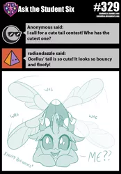 Size: 800x1151 | Tagged: artist:sintakhra, bugs doing bug things, changedling, changeling, cute, cute bug noises, cute little fangs, derpibooru import, descriptive noise, diaocelles, fangs, female, looking at you, ocellus, post-it, safe, solo, tail wag, tumblr:studentsix