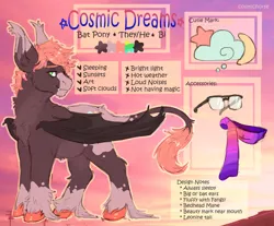 Size: 3900x3235 | Tagged: safe, artist:cosmichorse, derpibooru import, oc, oc:cosmic dream, bat pony, pony, bags under eyes, bat wings, big ears, clothes, cloud, cutie mark, dappled, fangs, fluffy, glasses, leonine tail, male, messy mane, nonbinary, pastel, patterned, reference, reference sheet, scarf, solo, stallion, unshorn fetlocks, wings