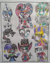 Size: 802x996 | Tagged: safe, artist:tobiisabunny, derpibooru import, raven, writing desk, oc, oc:dante the savage imp, human, equestria girls, clown makeup, original character do not steal, photo, the marevolent six, traditional art