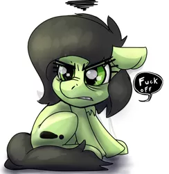 Size: 1950x2000 | Tagged: safe, anonymous artist, derpibooru import, oc, oc:anonfilly, unofficial characters only, earth pony, pony, /mlp/, 4chan, angry, dialogue, female, filly, gritted teeth, simple background, sitting, solo, speech bubble, vulgar, white background