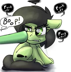 Size: 1950x2000 | Tagged: safe, anonymous artist, derpibooru import, oc, oc:anonfilly, unofficial characters only, earth pony, pony, /mlp/, 4chan, angry, boop, dialogue, female, filly, gritted teeth, simple background, sitting, speech bubble, vulgar, white background