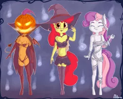 Size: 2500x2000 | Tagged: anthro, apple bloom, artist:neko-me, belly button, breasts, busty apple bloom, busty scootaloo, busty sweetie belle, clothes, costume, cutie mark crusaders, derpibooru import, halloween, halloween costume, hat, holiday, midriff, mummy, mummy costume, older, older apple bloom, older scootaloo, older sweetie belle, pumpkin, pumpkin head, scootaloo, skirt, suggestive, sweetie belle, witch, witch hat