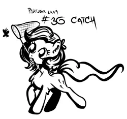 Size: 2509x2350 | Tagged: safe, artist:coco-drillo, derpibooru import, pinkie pie, butterfly, earth pony, pony, catch, eyes on the prize, inktober, net, pinktober, running, solo