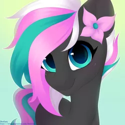 Size: 4656x4672 | Tagged: safe, artist:bestiary, artist:bestiary7, derpibooru import, oc, oc:nextic, earth pony, pony, flower, flower in ear, flower in hair, freckles, looking at camera, looking at you, smiling, solo