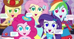 Size: 1347x724 | Tagged: safe, derpibooru import, edit, edited screencap, editor:thomasfan45, screencap, applejack, fluttershy, pinkie pie, rainbow dash, rarity, human, equestria girls, equestria girls (movie), 1000 hours in ms paint, bare arms, bare shoulders, barrette, bracelet, clothes, cowboy hat, cute, dress, fall formal outfits, female, happy, hat, heart eyes, humane five, jewelry, love spell, male, mind control, offscreen character, offscreen male, open mouth, romance, scarf, speech bubble, spell, stetson, story included, this is our big night, wide eyes, wingding eyes