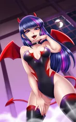 Size: 900x1430 | Tagged: source needed, useless source url, suggestive, artist:racoonsan, derpibooru import, twilight sparkle, human, succubus, adorasexy, bare shoulders, breasts, busty twilight sparkle, choker, clothes, collar, cute, devil costume, devil horns, devil tail, fangs, female, from below, halloween, holiday, horn, humanized, leotard, licking, looking at you, looking down, moon, sexy, skintight clothes, sleeveless, socks, strapless, stupid sexy twilight, tail, thigh highs, tongue out, wings