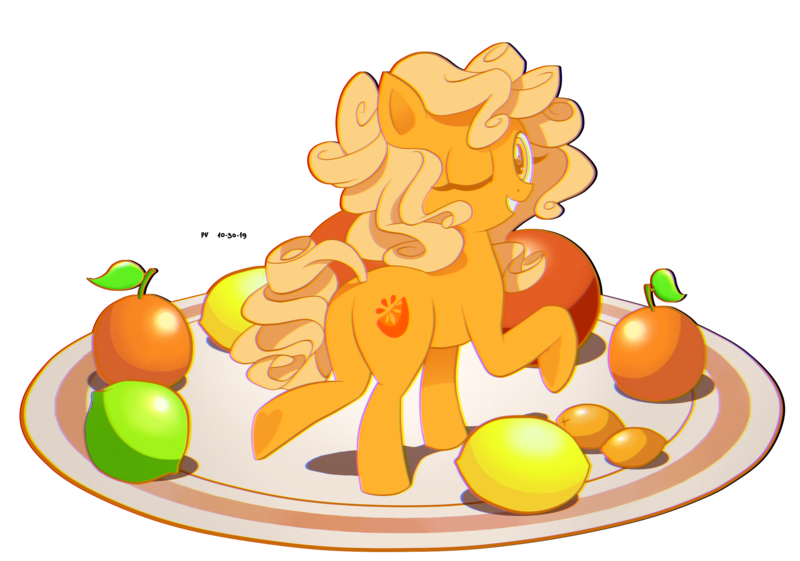 Size: 2327x1632 | Tagged: safe, artist:branewashpv, derpibooru import, oc, oc:orange delight, earth pony, chromatic aberration, commission, cute, female, food, grapefruit, kumquat, lemon, lime, orange, plate, simple background, solo, transparent background