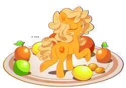 Size: 2327x1632 | Tagged: safe, artist:branewashpv, derpibooru import, oc, oc:orange delight, earth pony, chromatic aberration, commission, cute, female, food, grapefruit, kumquat, lemon, lime, orange, plate, simple background, solo, transparent background