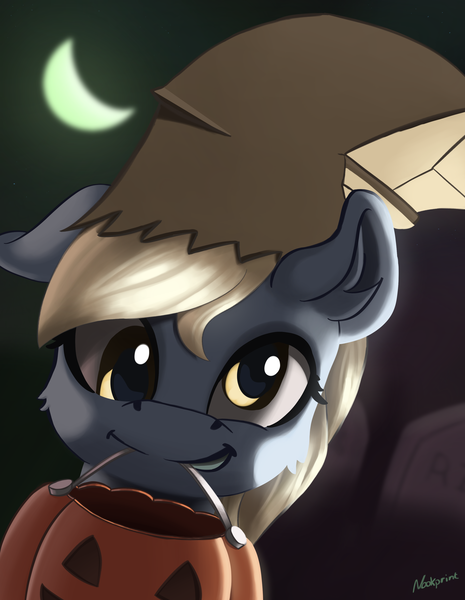 Size: 2611x3371 | Tagged: safe, artist:nookprint, derpibooru import, derpy hooves, pegasus, pony, bag, clothes, costume, cute, derpabetes, female, halloween, holiday, mare, mouth hold, nightmare night costume, paper bag, paper bag wizard, pumpkin bucket, smiling, solo